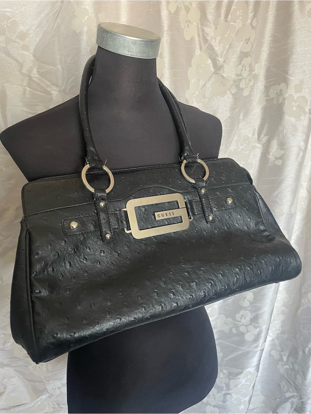 GUESS Black Faux-Ostrich Tote with Silver Hardware